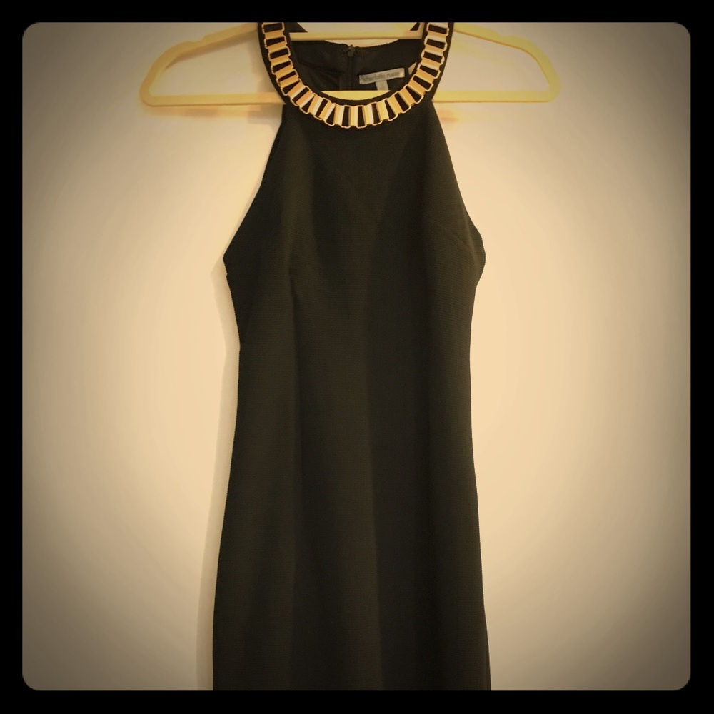Black bodycon mini halter dress with gold neckline